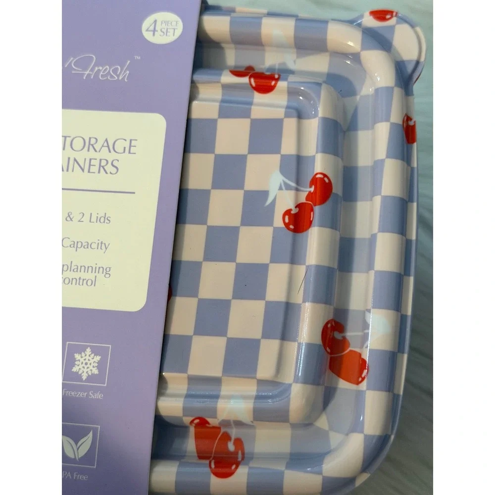 Gossi Flip n Fresh Food Storage Containers 4pc Set Blue Checkered Cherry Pattern